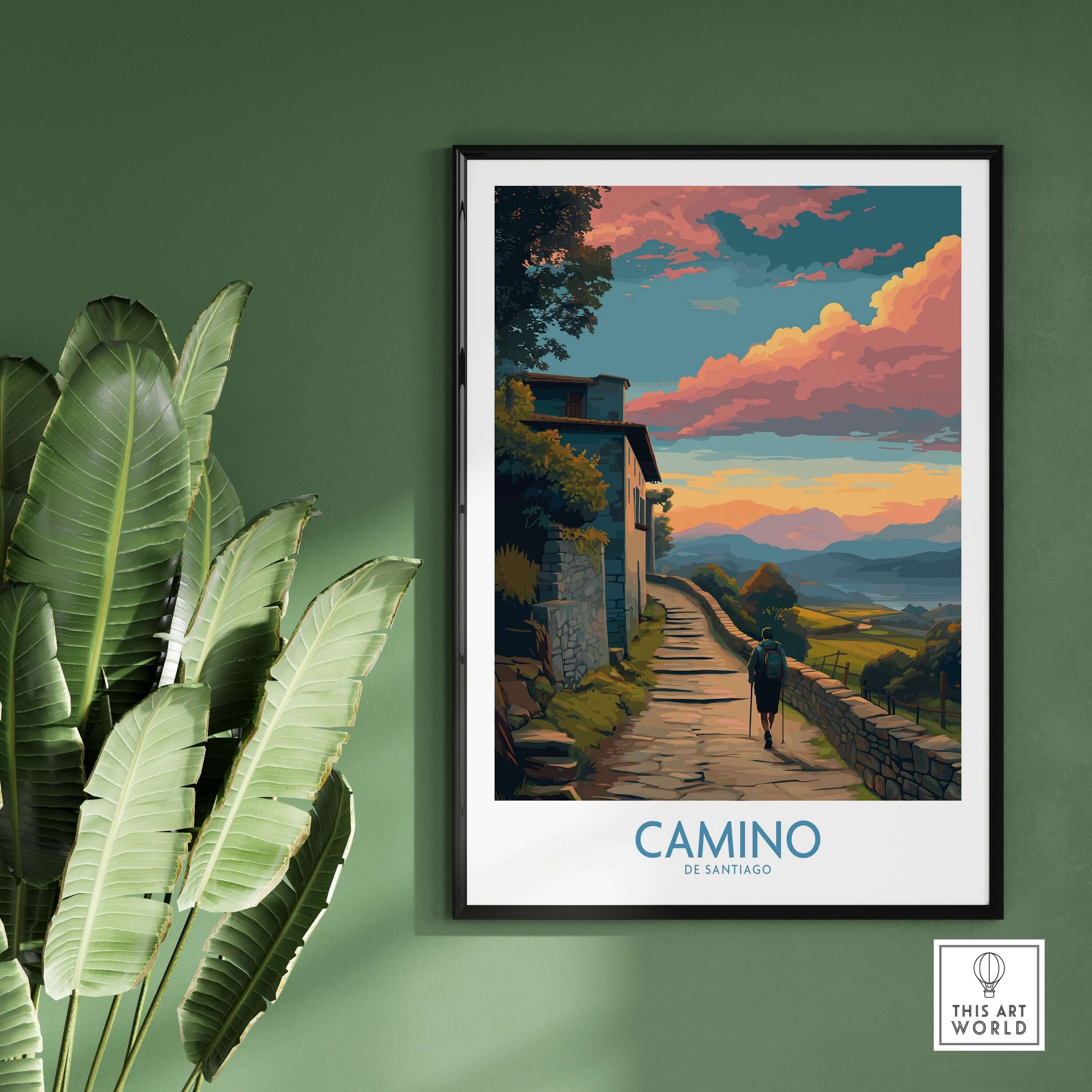 Camino de Santiago Pilgrim's Trail Art Print | Spiritual Travel Poster displayed on a wall with a plant, inspiring wanderlust.