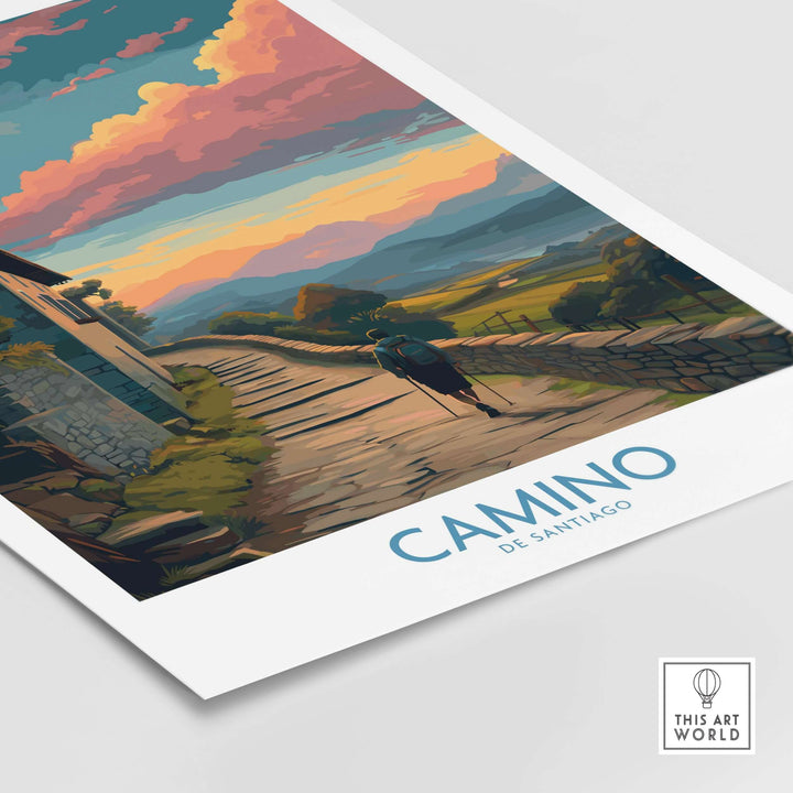 Camino de Santiago Pilgrim's Trail Art Print | Spiritual Travel Poster featuring a scenic path and vibrant sky.