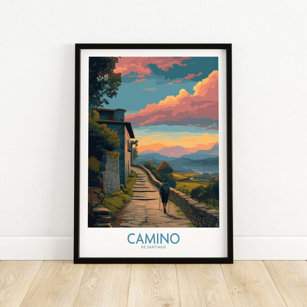 Camino de Santiago Pilgrim's Trail Art Print | Spiritual Travel Poster showcasing a scenic path at sunset.