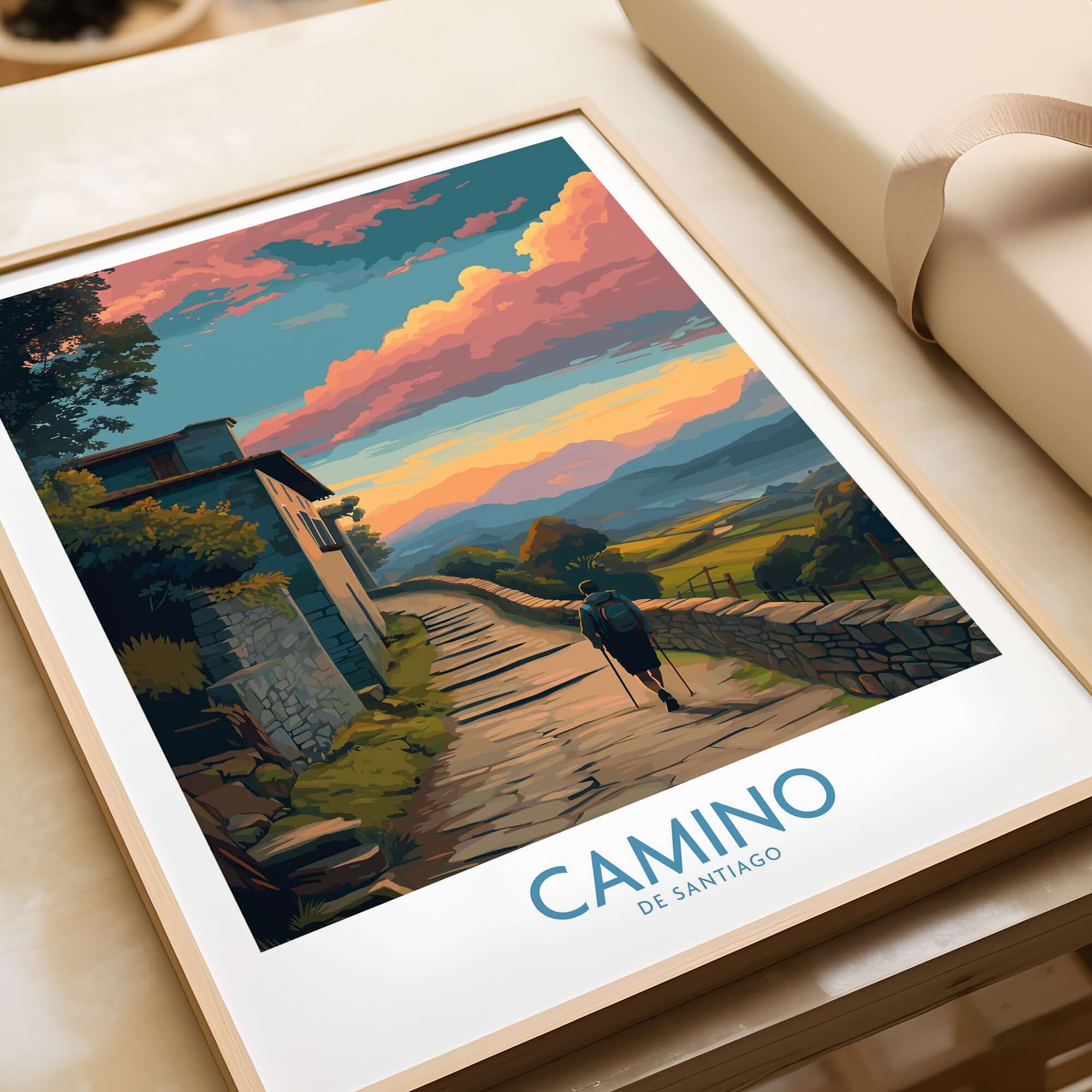 Camino de Santiago Pilgrim's Trail Art Print | Spiritual Travel Poster featuring a scenic landscape with a pilgrim.