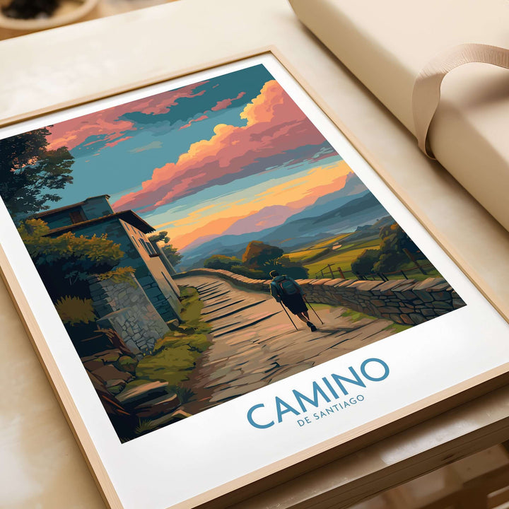 Camino de Santiago Pilgrim's Trail Art Print | Spiritual Travel Poster featuring a serene landscape and vibrant colors.