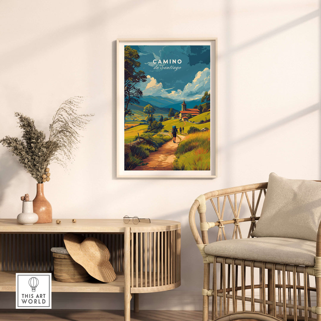 Camino de Santiago European Pilgrim's Trail Print | Hiking Route Wall Decor displayed in a stylish living room setting.