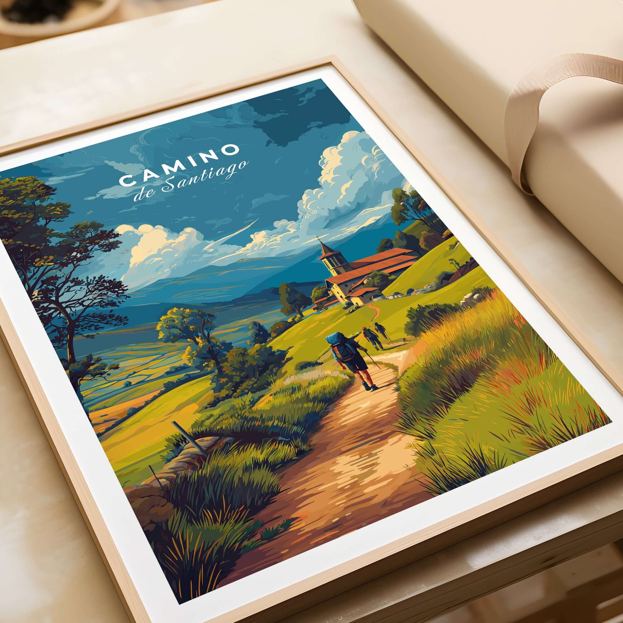 Camino de Santiago European Pilgrim's Trail Print | Hiking Route Wall Decor, depicting a scenic hiking path.