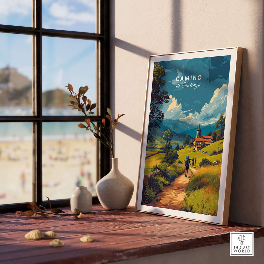 Camino de Santiago European Pilgrim's Trail Print | Hiking Route Wall Decor in a modern interior setting.