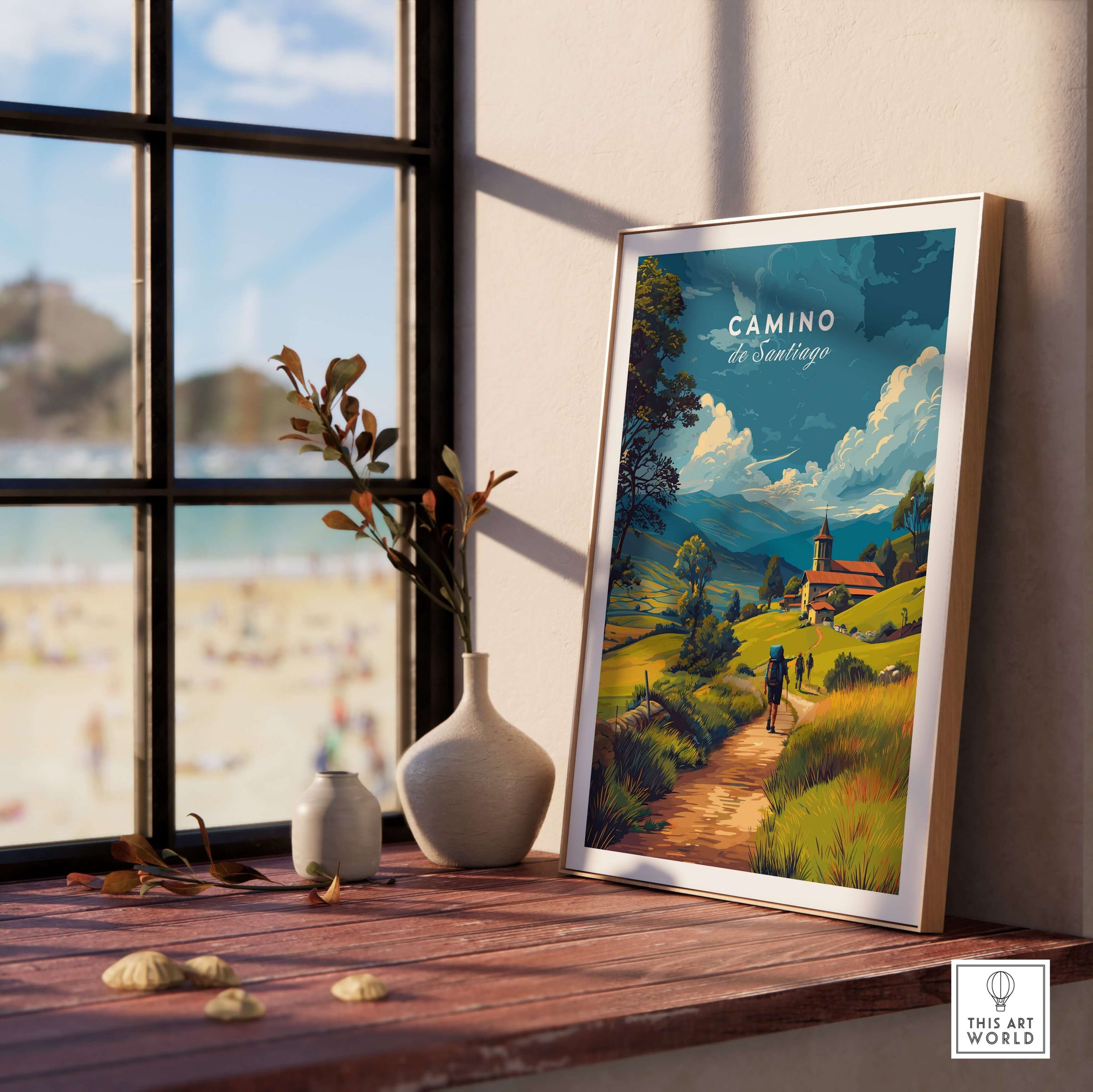 Camino de Santiago European Pilgrim's Trail Print | Hiking Route Wall Decor displayed in a sunlit room.