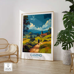 Camino de Santiago Rolling Hills Church Art Print | Green Landscape Poster featuring a scenic view with hikers on a path.