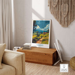 Camino de Santiago Rolling Hills Church Art Print | Green Landscape Poster displayed in a cozy living room interior.