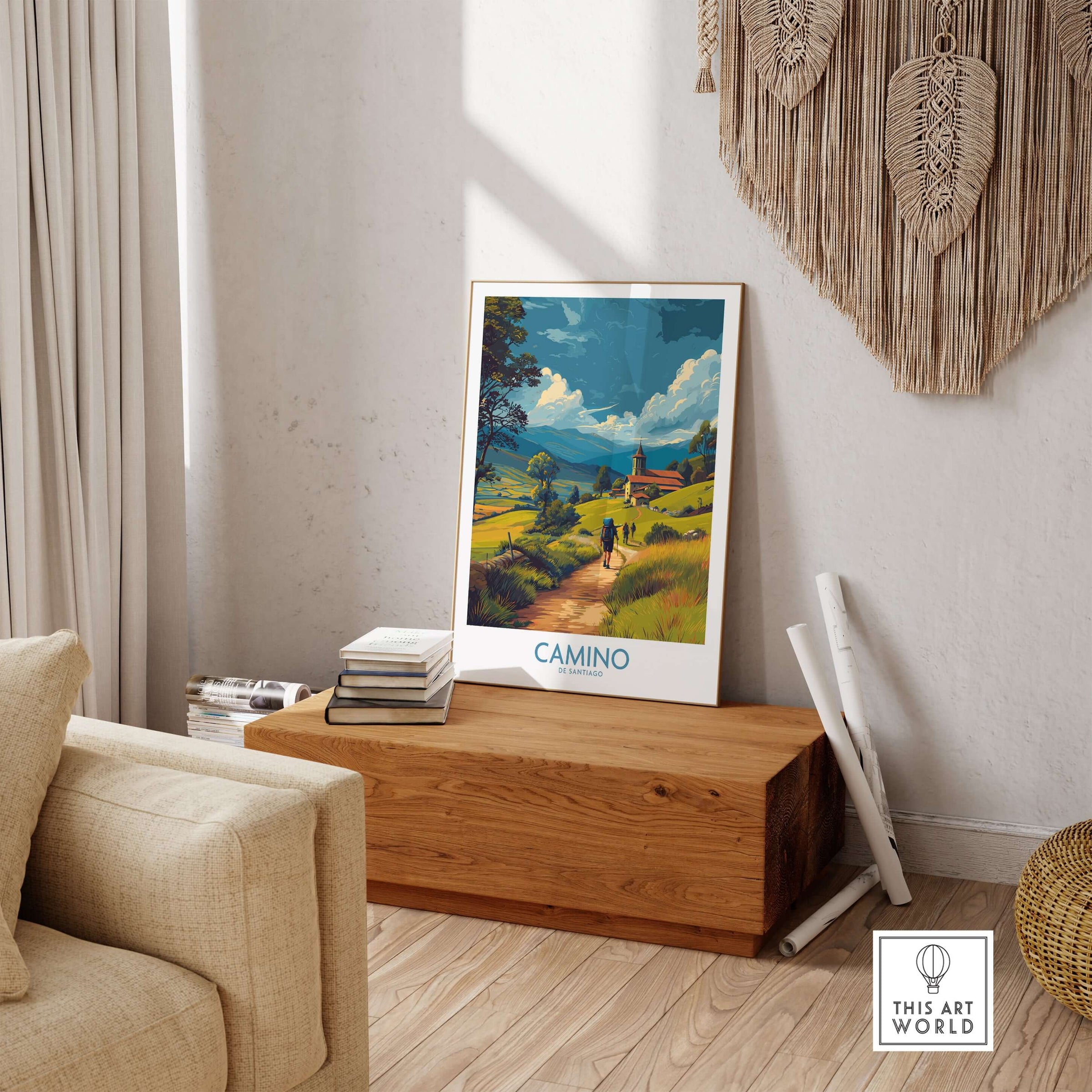 Camino de Santiago Rolling Hills Church Art Print | Green Landscape Poster displayed in a cozy living room interior.