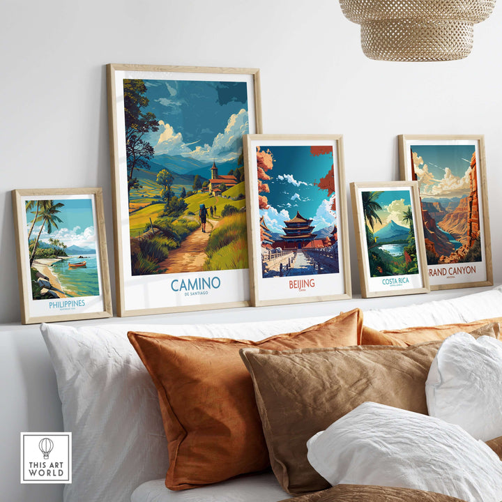 Camino de Santiago Rolling Hills Church Art Print | Green Landscape Poster displayed among travel art prints on wall.