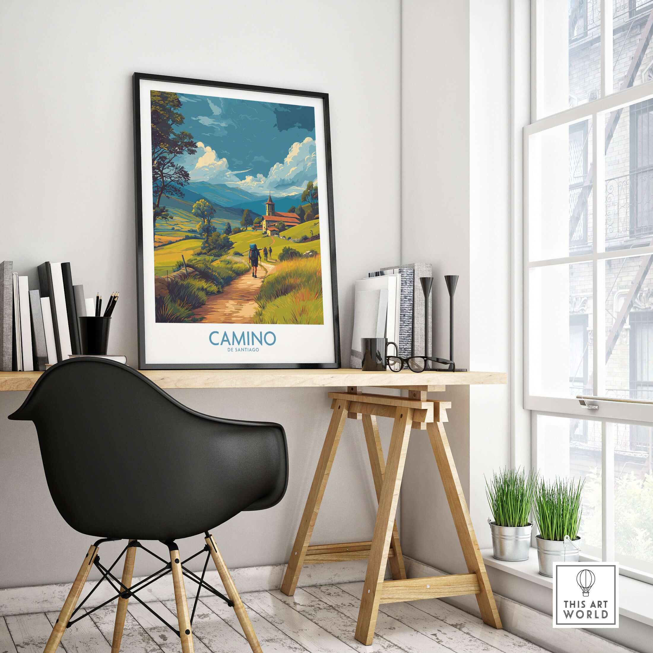 Camino de Santiago Rolling Hills Church Art Print | Green Landscape Poster in a cozy workspace with a scenic view.