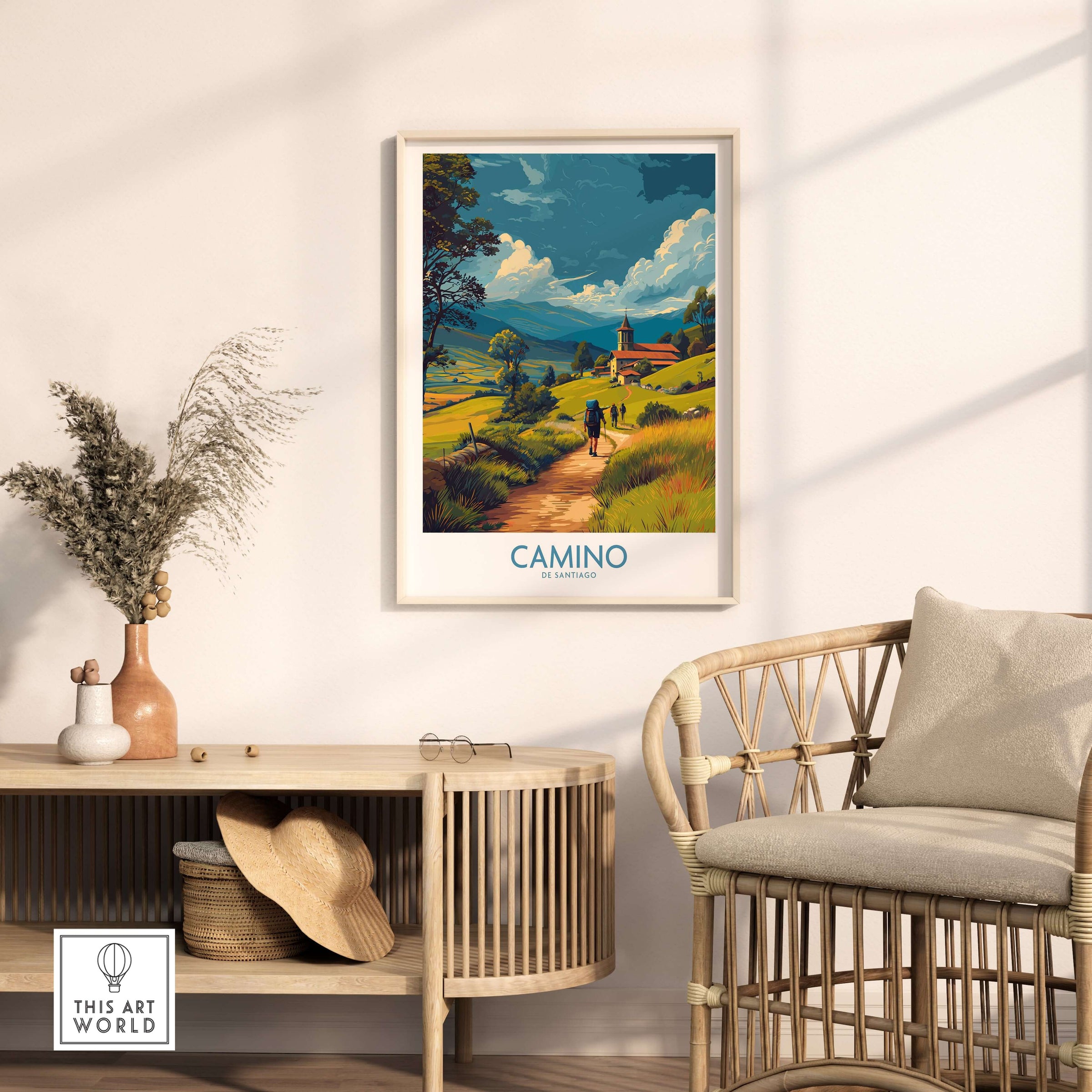 Camino de Santiago Rolling Hills Church Art Print | Green Landscape Poster displayed in a cozy living room setting.