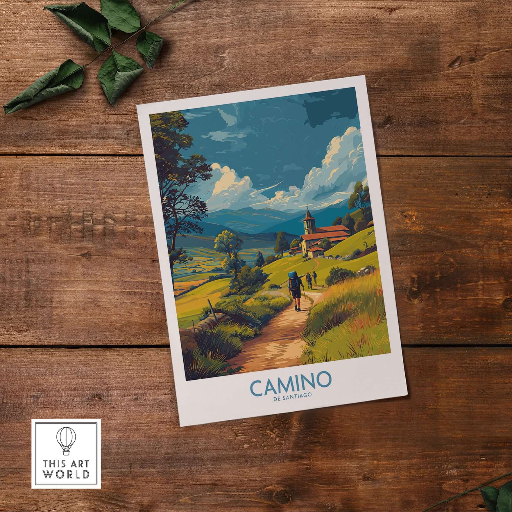 Camino de Santiago Rolling Hills Church Art Print | Green Landscape Poster on wooden background with hikers