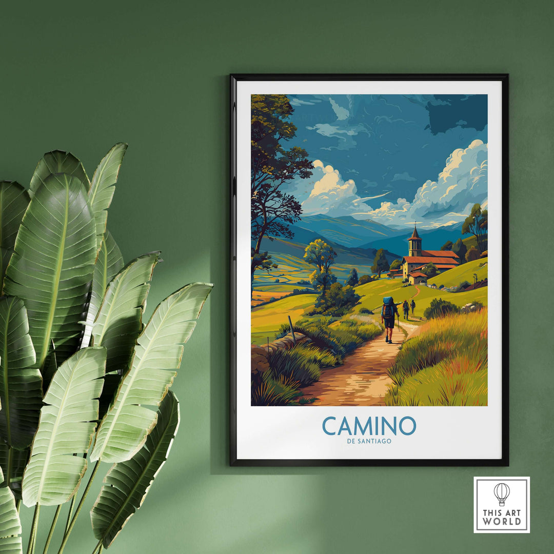Camino de Santiago Rolling Hills Church Art Print | Green Landscape Poster displayed on a wall with plants.