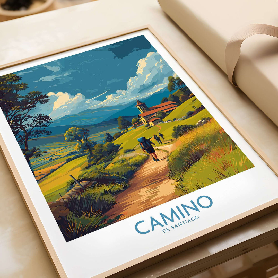 Camino de Santiago Rolling Hills Church Art Print | Green Landscape Poster depicting a scenic landscape with a charming church.