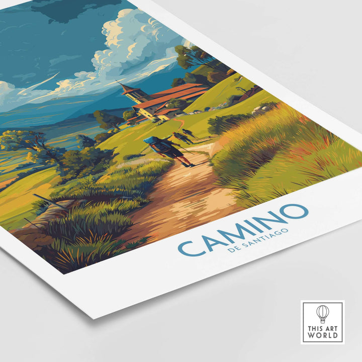 Camino de Santiago Rolling Hills Church Art Print | Green Landscape Poster featuring a scenic landscape and walking pilgrim.