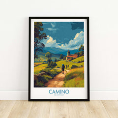 Camino de Santiago Rolling Hills Church Art Print | Green Landscape Poster featuring hikers and a church in a lush landscape.