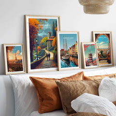 Camino de Santiago Rustic Chapel Road Print | Hiking Wall Decor framed artwork displayed on a cozy living room wall.