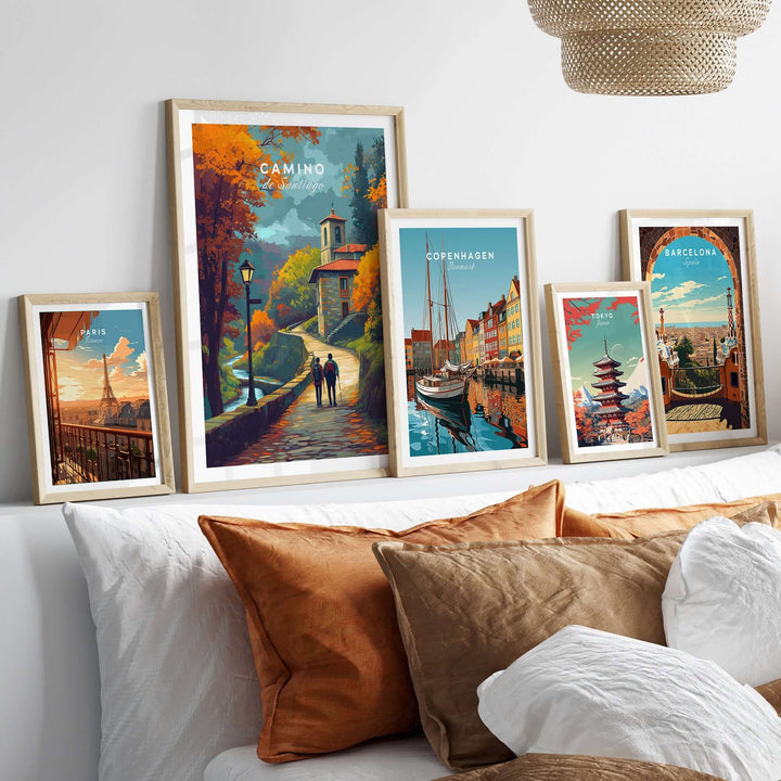Camino de Santiago Rustic Chapel Road Print | Hiking Wall Decor showcased in a stylish home decor setting with framed art.