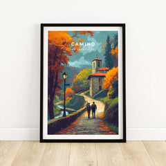 Camino de Santiago Rustic Chapel Road Print | Hiking Wall Decor in vibrant autumn colors with couple walking