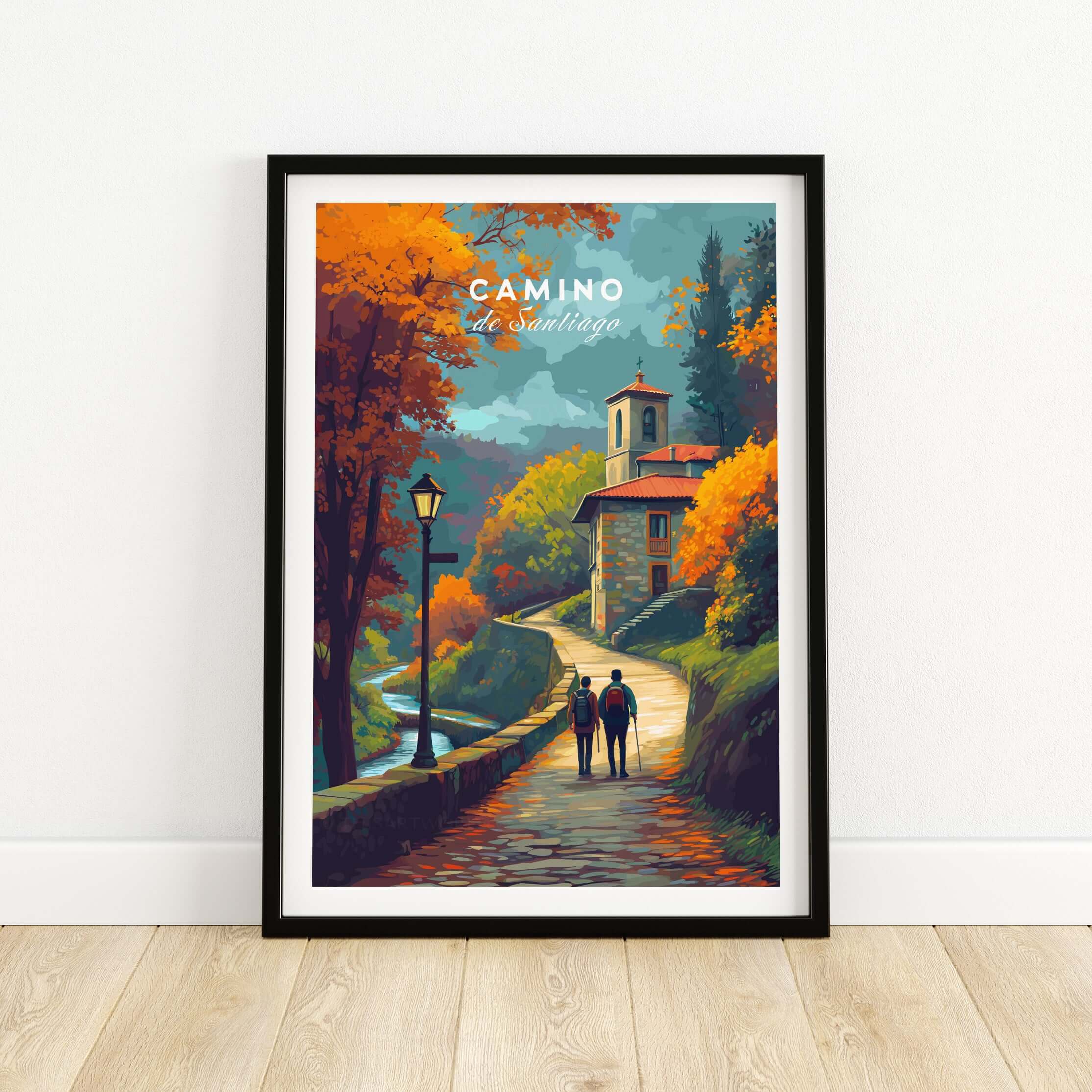 Camino de Santiago Rustic Chapel Road Print | Hiking Wall Decor in vibrant autumn colors with couple walking