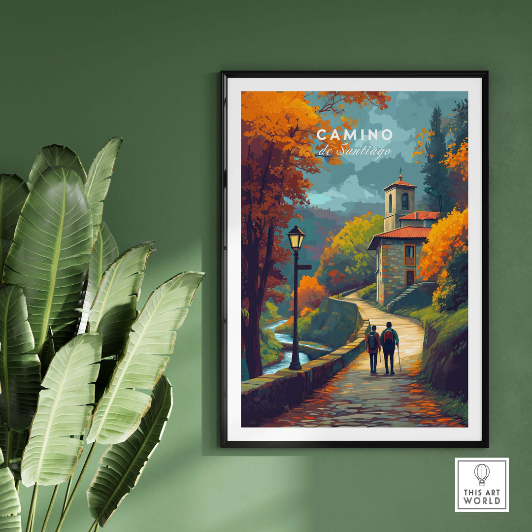 Camino de Santiago Rustic Chapel Road Print | Hiking Wall Decor framed artwork on green wall with plants
