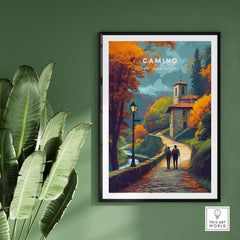 Camino de Santiago Rustic Chapel Road Print | Hiking Wall Decor featuring a scenic path and autumn foliage.