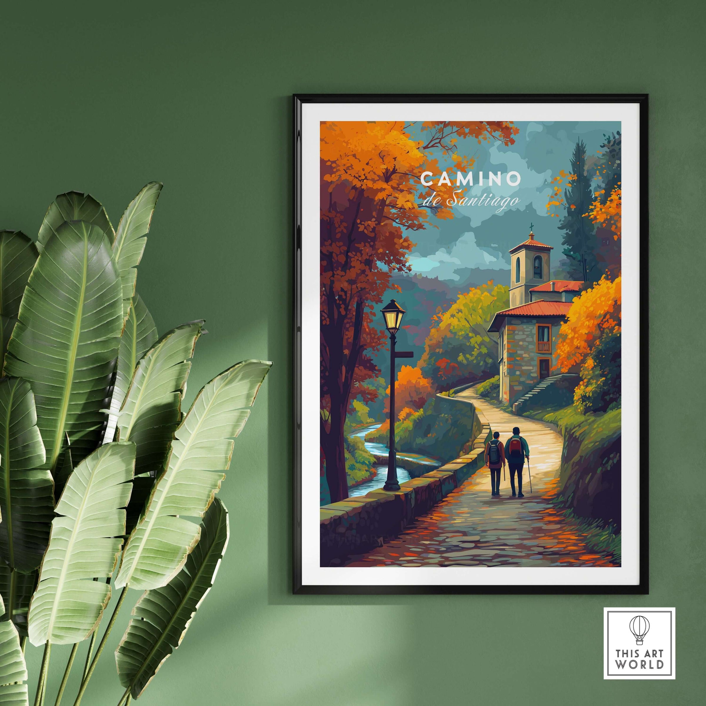 Camino de Santiago Rustic Chapel Road Print | Hiking Wall Decor featuring a scenic path and autumn foliage.