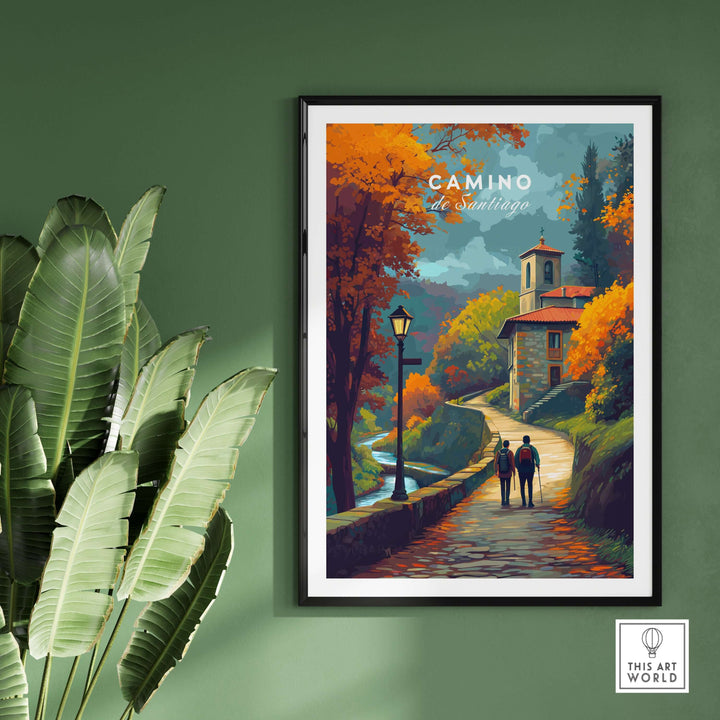 Camino de Santiago Rustic Chapel Road Print | Hiking Wall Decor framed artwork on green wall with plants