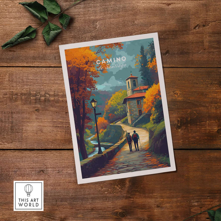Camino de Santiago Rustic Chapel Road Print | Hiking Wall Decor featuring a scenic path and historic chapel in autumn colors.