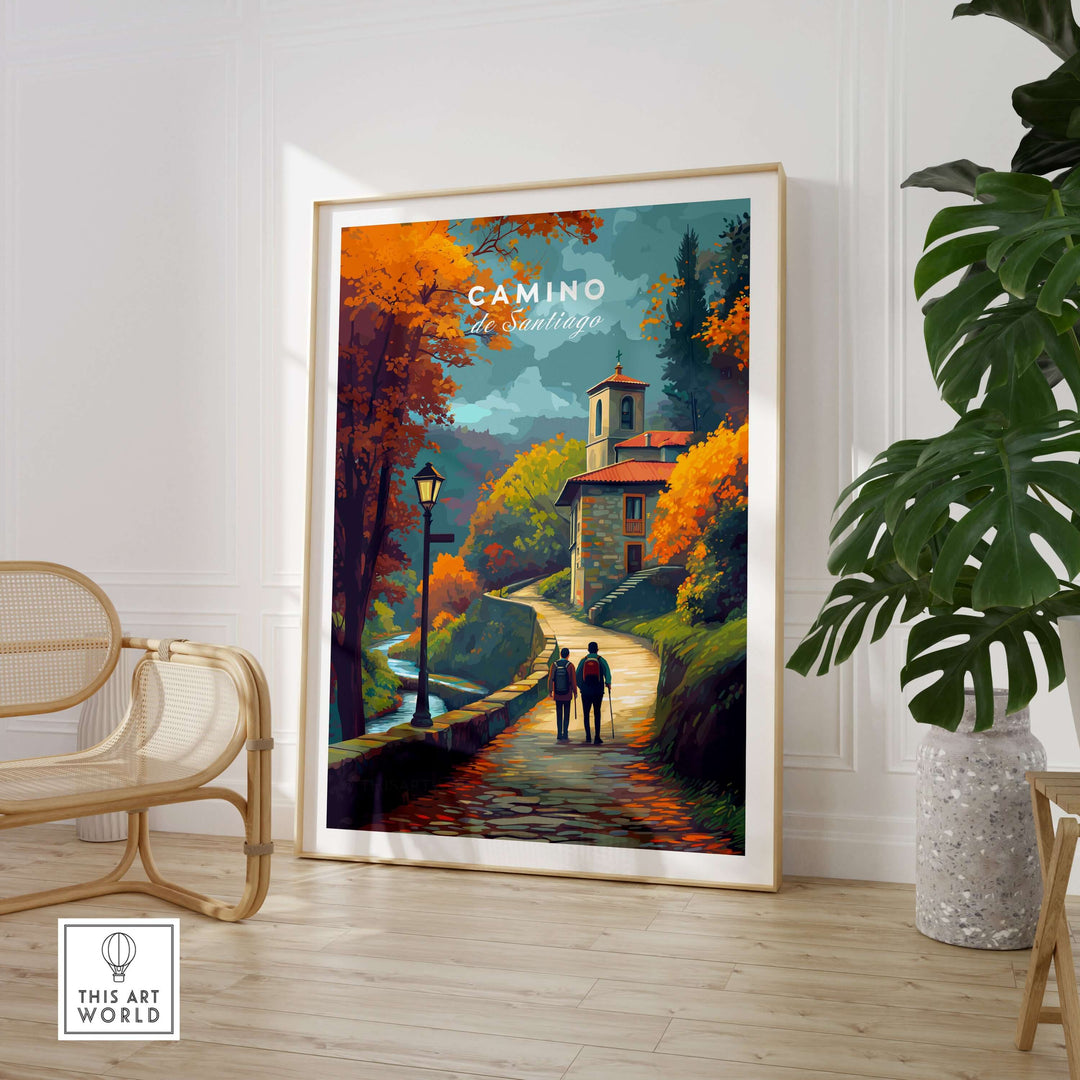 Camino de Santiago Rustic Chapel Road Print | Hiking Wall Decor framed in a cozy interior setting with autumn colors.