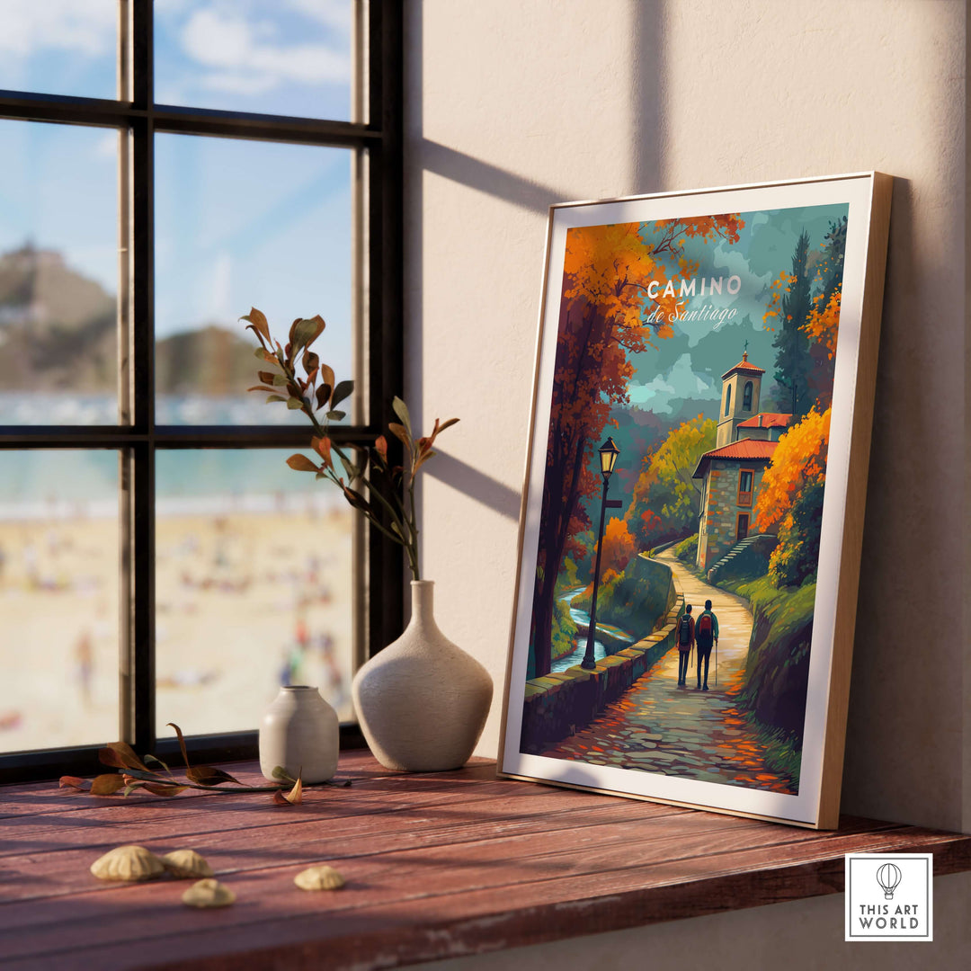 Camino de Santiago Rustic Chapel Road Print | Hiking Wall Decor displayed beside a window with autumn scenery.