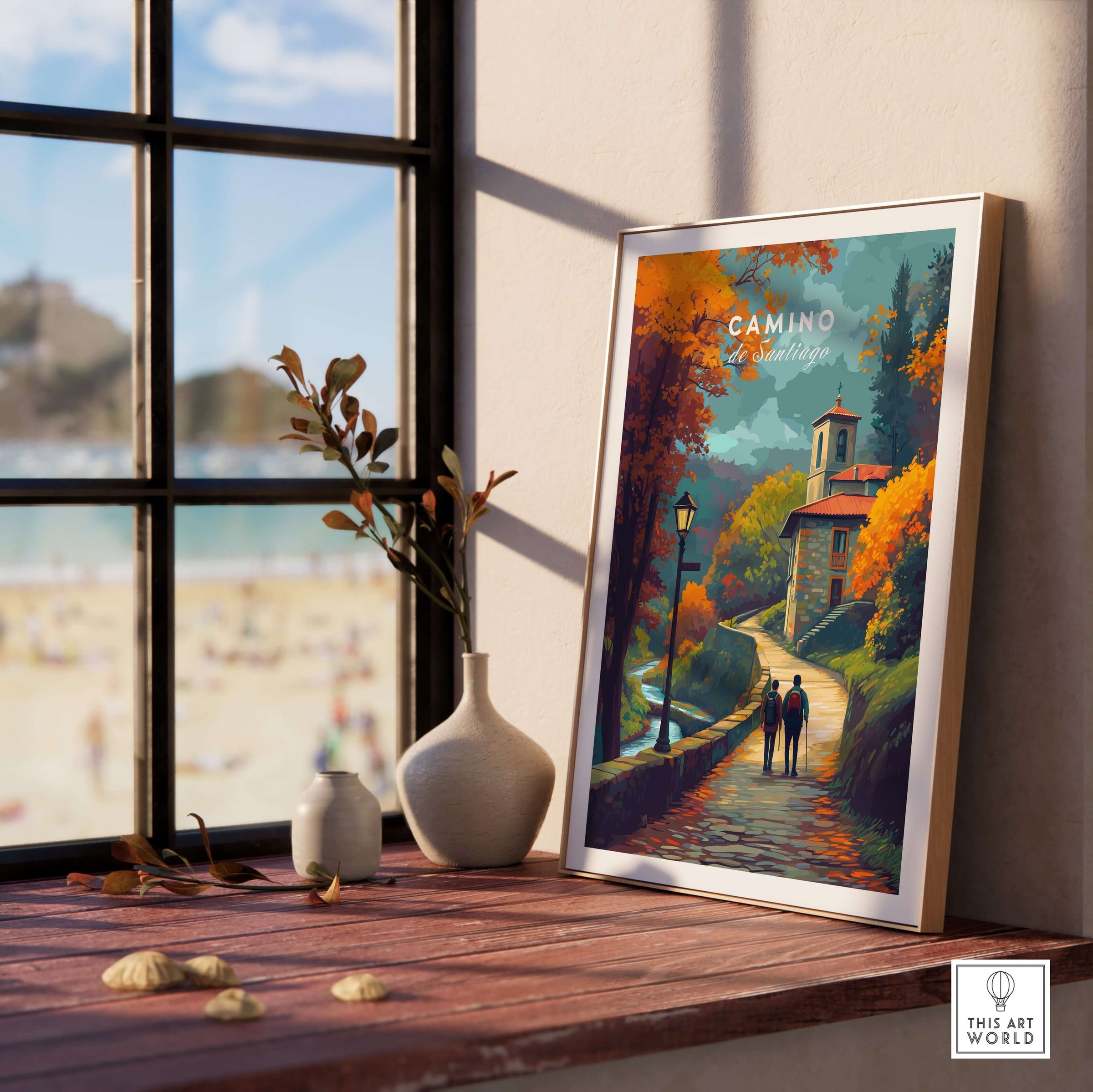 Camino de Santiago Rustic Chapel Road Print | Hiking Wall Decor displayed in a serene interior, with autumn colors and a couple walking.