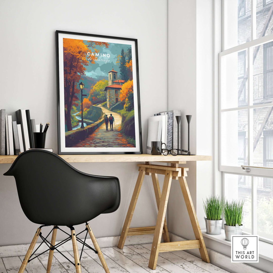 Camino de Santiago Rustic Chapel Road Print | Hiking Wall Decor displayed in a modern office setting with autumn colors.
