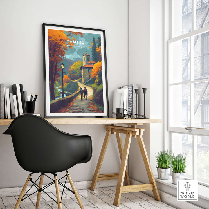 Camino de Santiago Rustic Chapel Road Print | Hiking Wall Decor displayed in a modern office setting with autumn colors.