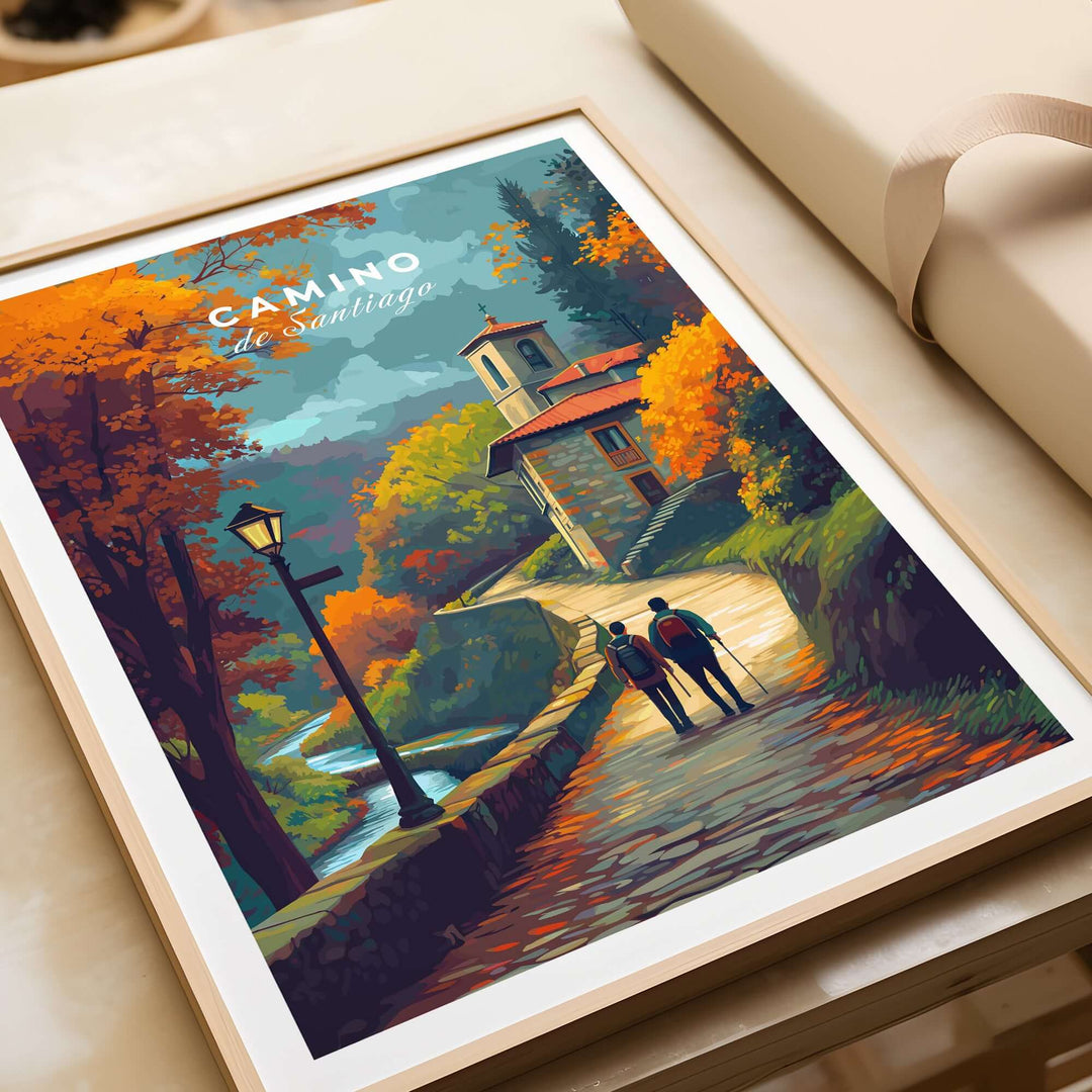 Camino de Santiago Rustic Chapel Road Print | Hiking Wall Decor featuring two hikers on a scenic autumn path.