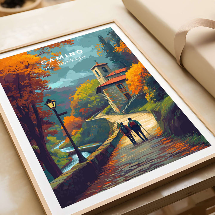 Camino de Santiago Rustic Chapel Road Print | Hiking Wall Decor featuring two hikers on a scenic autumn path.