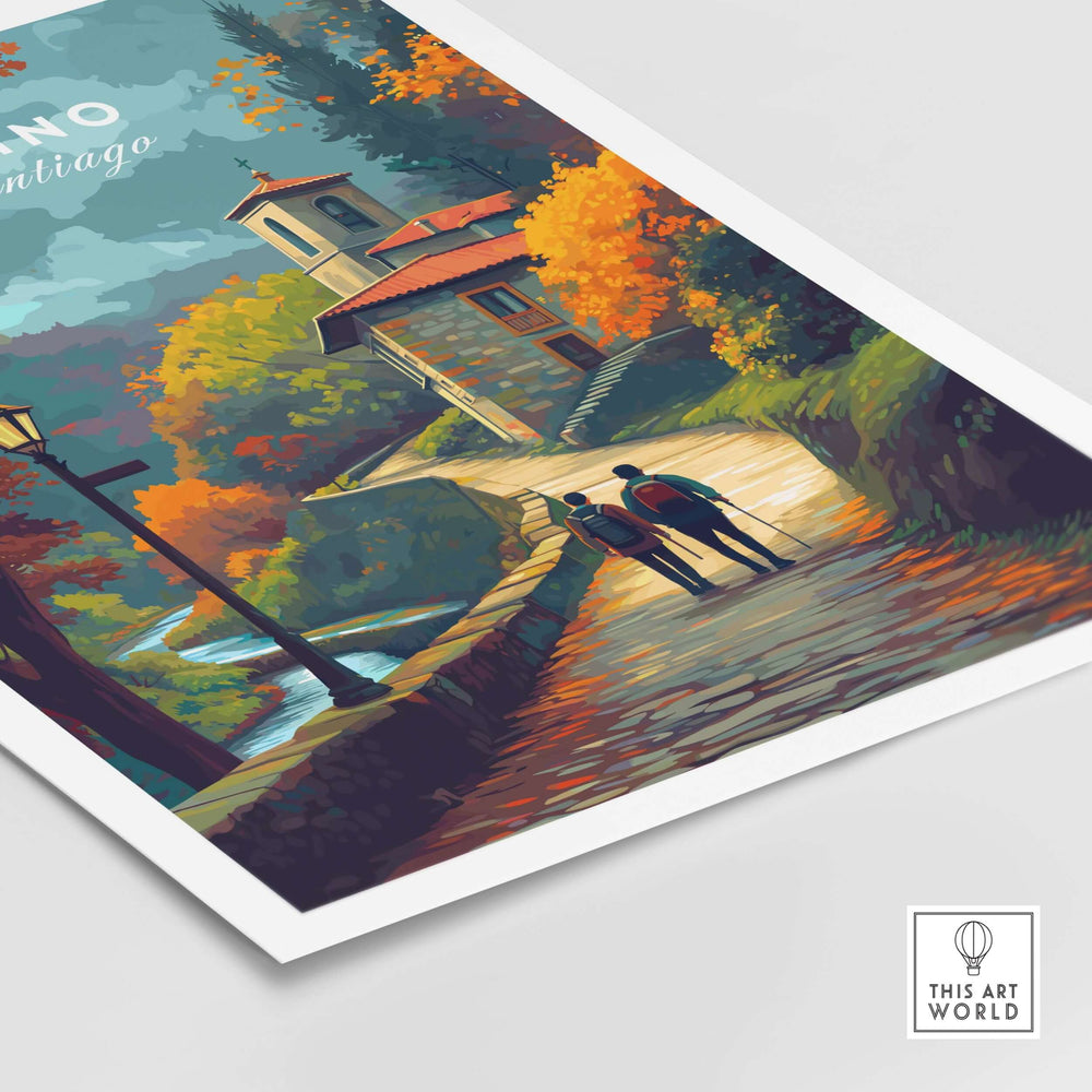 Camino de Santiago Rustic Chapel Road Print | Hiking Wall Decor showcasing a serene path and historic chapel amidst autumn foliage.