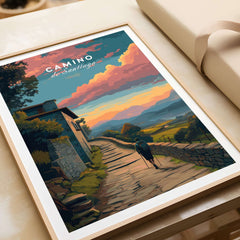 Camino de Santiago Sunset Path Print | Hiking Wall Decor Gift featuring a hiker on a scenic trail at sunset.