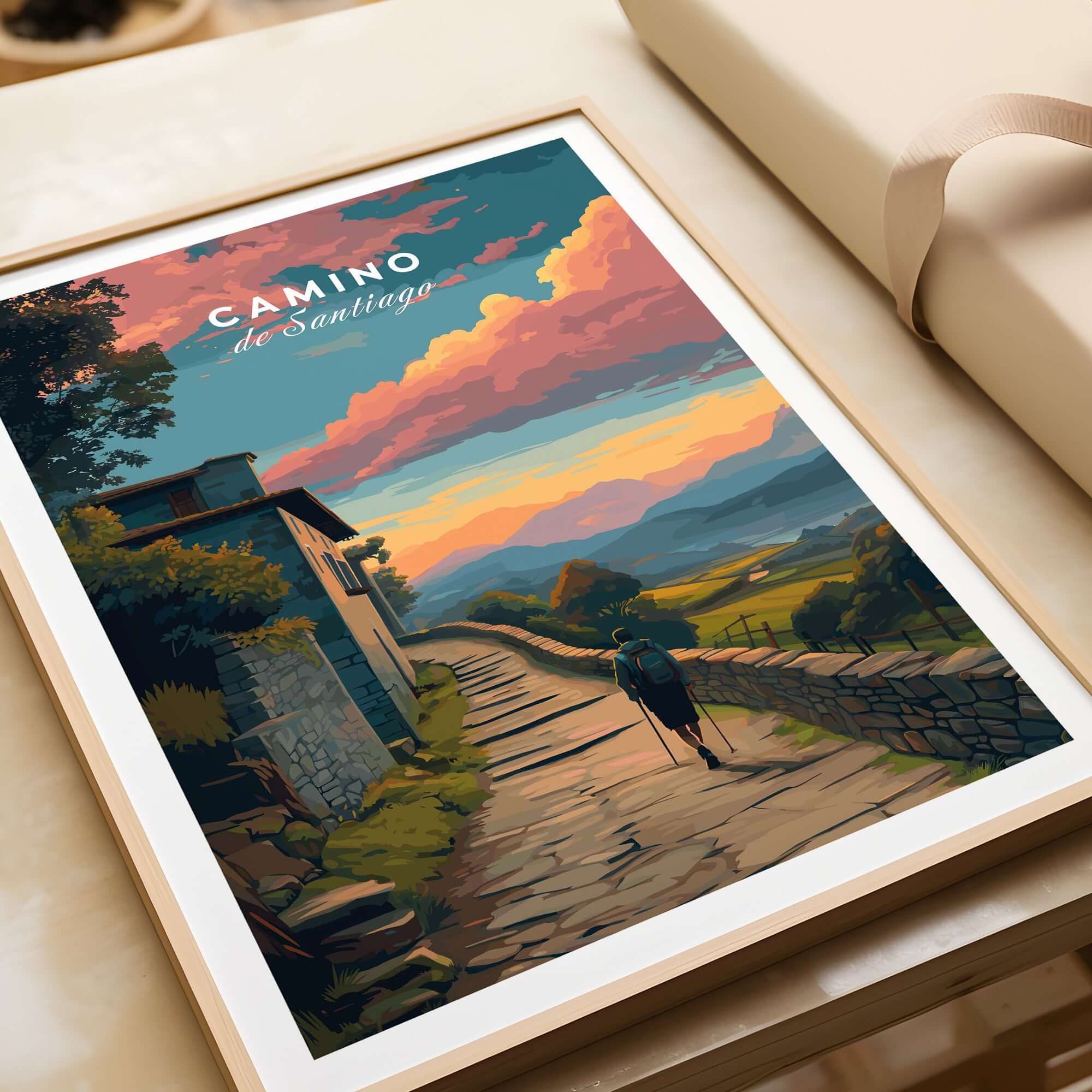 Camino de Santiago Sunset Path Print | Hiking Wall Decor Gift featuring a hiker on a scenic trail at sunset.