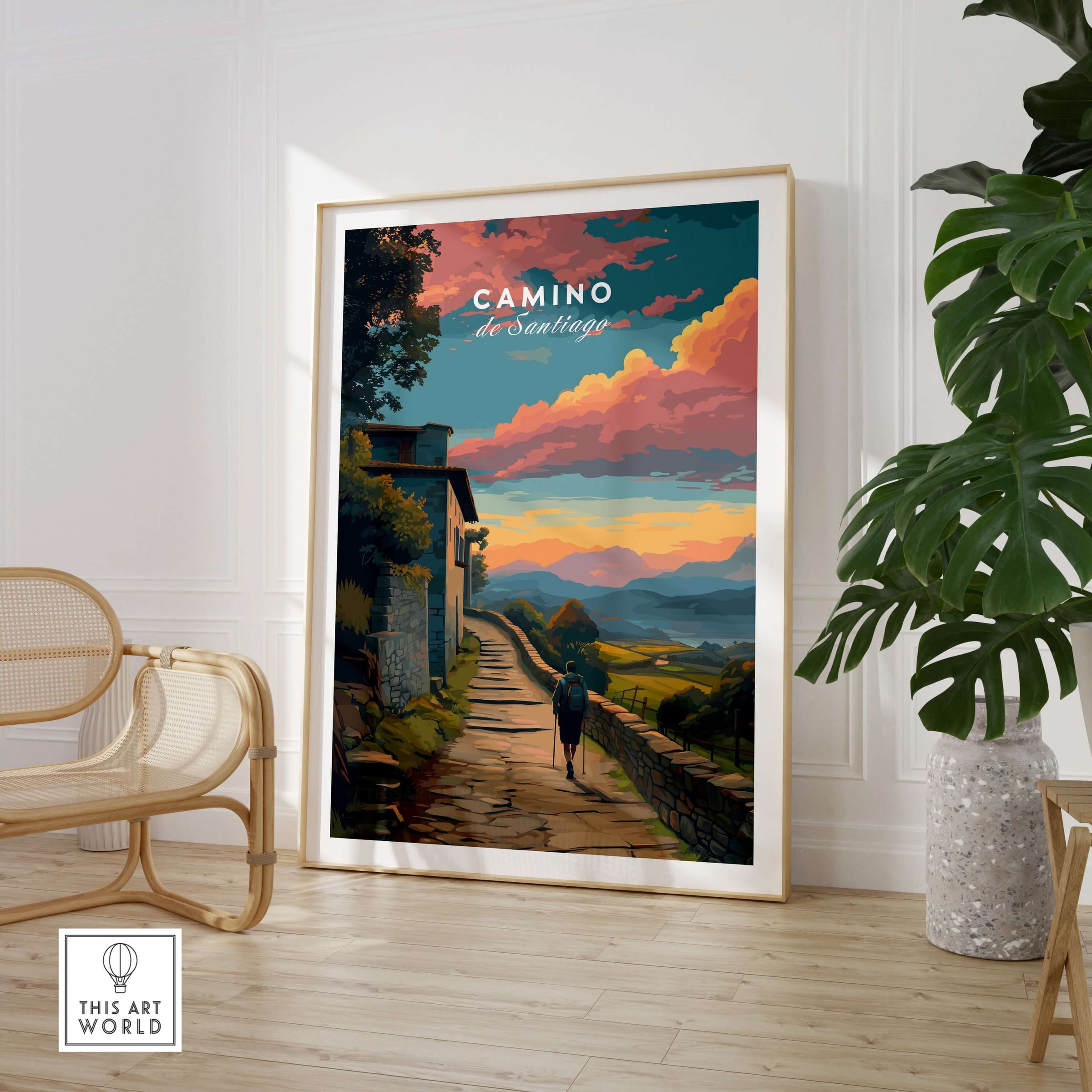 Camino de Santiago Sunset Path Print | Hiking Wall Decor Gift framed on wall with scenic sunset and path design