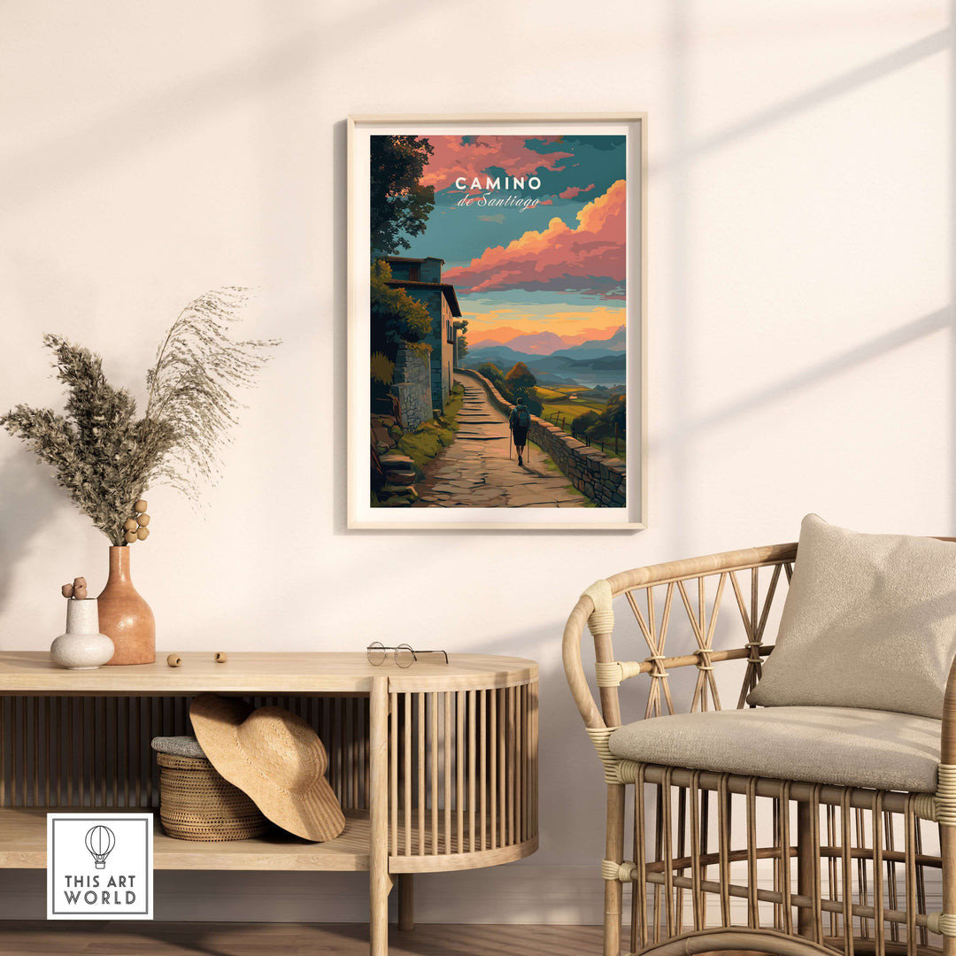 Camino de Santiago Sunset Path Print | Hiking Wall Decor Gift featuring a sunset landscape and a hiker on a trail.