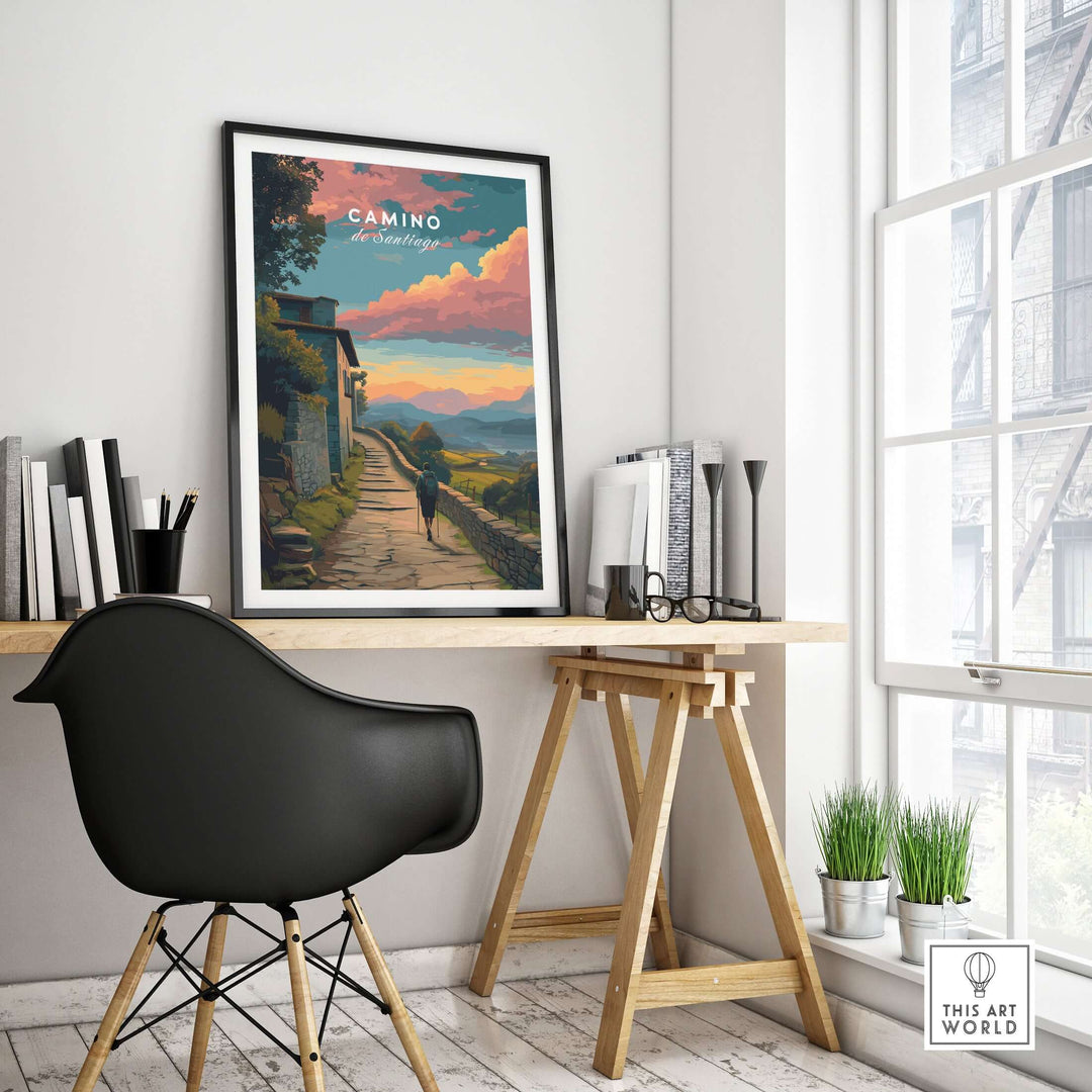 Camino de Santiago Sunset Path Print | Hiking Wall Decor Gift in a cozy workspace setting