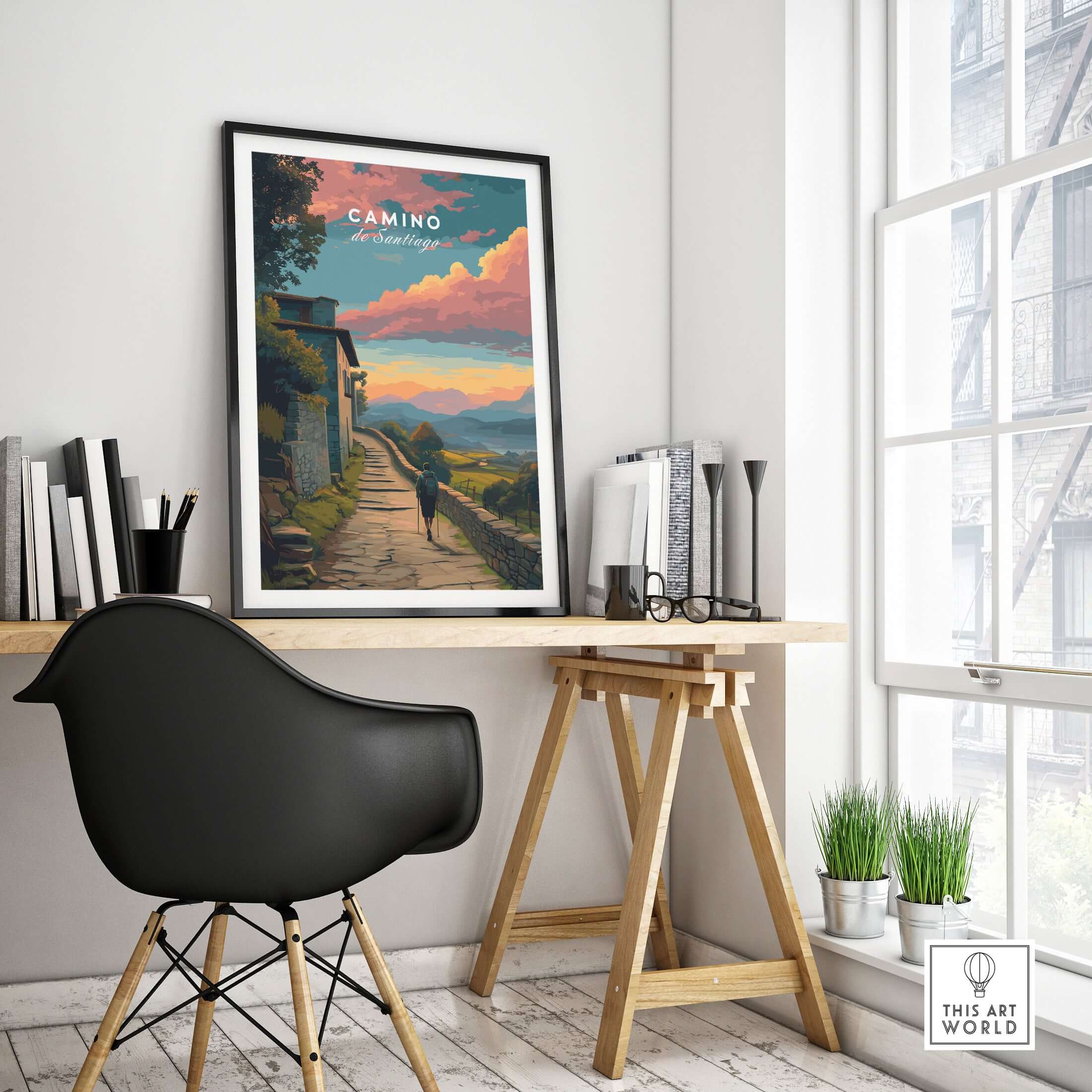 Camino de Santiago Sunset Path Print | Hiking Wall Decor Gift in a modern workspace setting.
