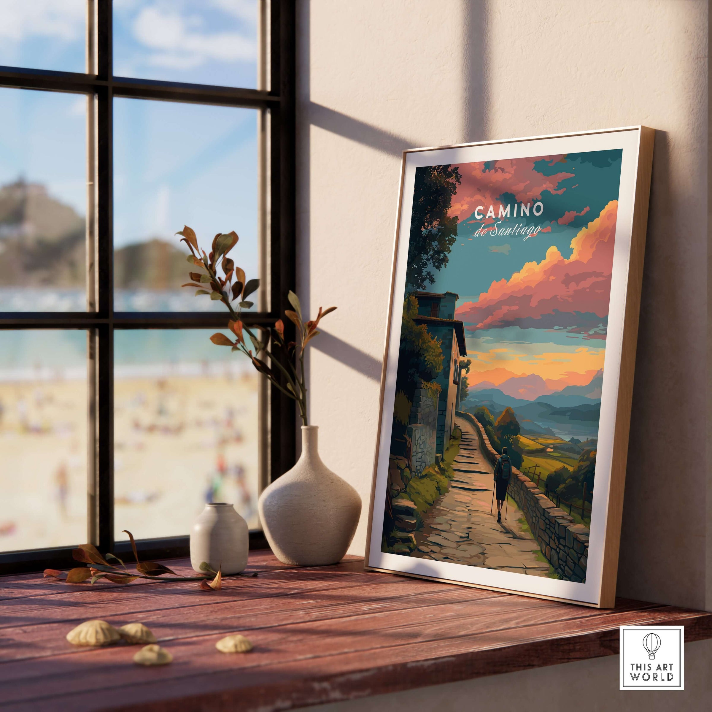 Camino de Santiago Sunset Path Print | Hiking Wall Decor Gift in a cozy interior setting by the window.