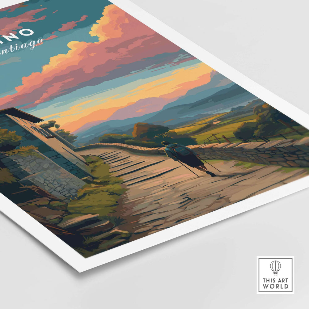Camino de Santiago Sunset Path Print | Hiking Wall Decor Gift featuring a tranquil sunset over a pilgrimage trail.
