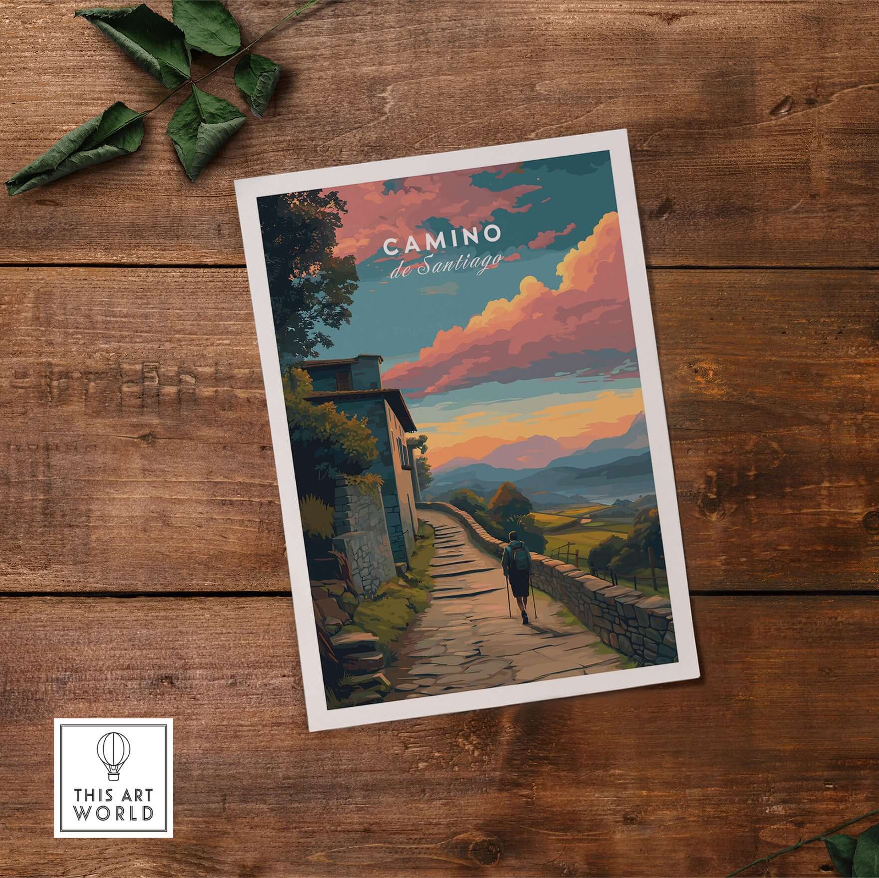 Camino de Santiago Sunset Path Print | Hiking Wall Decor Gift on a wooden surface with natural elements.
