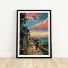Camino de Santiago Sunset Path Print | Hiking Wall Decor Gift, featuring a scenic hiking trail and vibrant sunset.