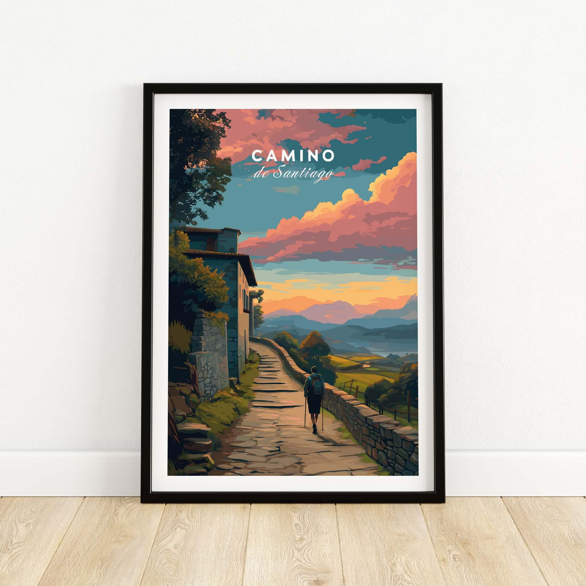 Camino de Santiago Sunset Path Print | Hiking Wall Decor Gift, featuring a scenic hiking trail and vibrant sunset.