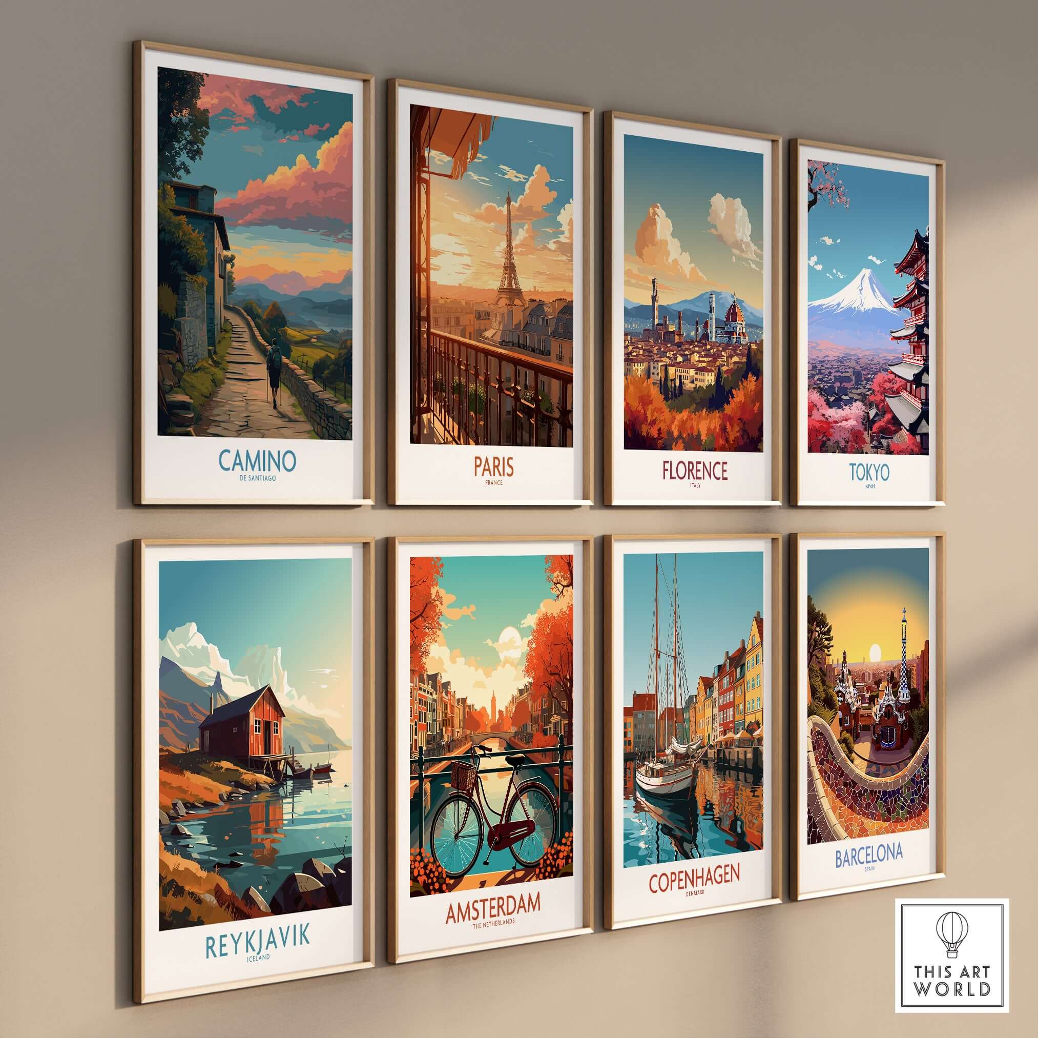 Camino de Santiago Pilgrim's Trail Art Print | Spiritual Travel Poster displayed among various city art prints.