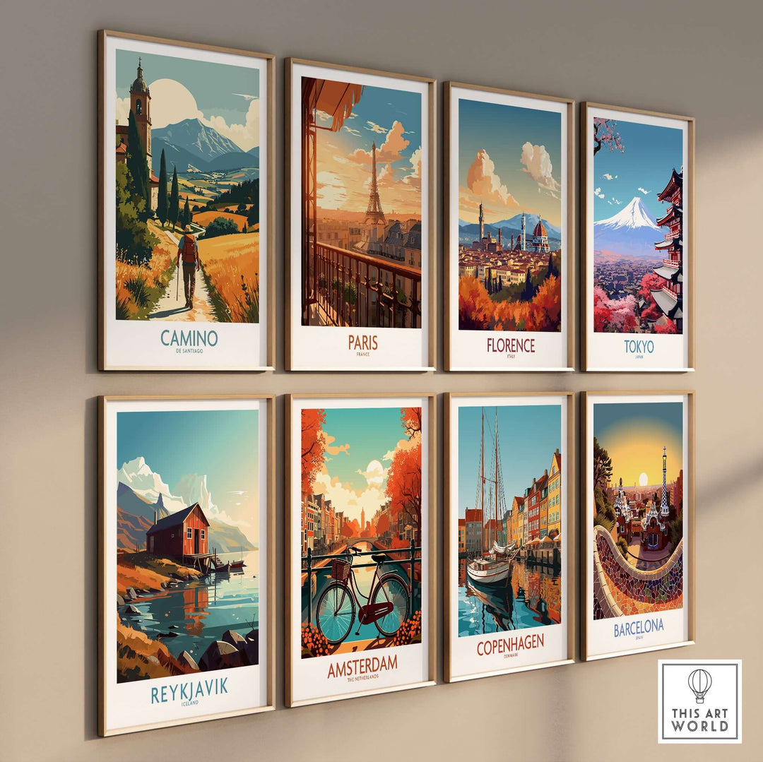 Camino de Santiago Golden Fields Art Print | Spanish Pilgrimage Poster displayed among travel posters